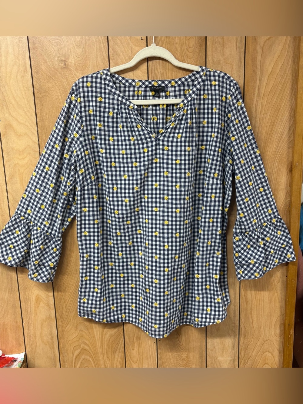 Talbots Women’s Gingham 1X Blouse Navy Yellow Floral 3/4 Bell Sleeve Boho Tunic